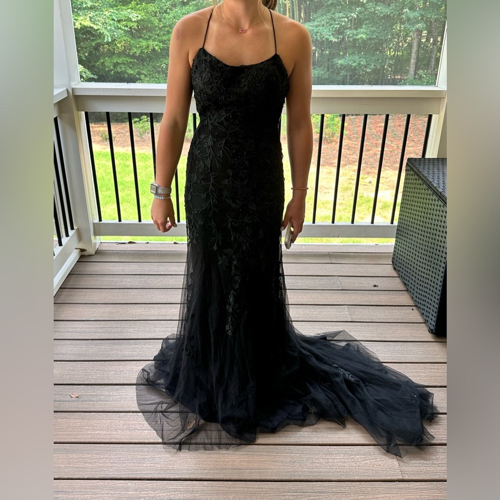 Black Lace Flower Appliqué Long with Tulle Train Homecoming Formal Dress, Small